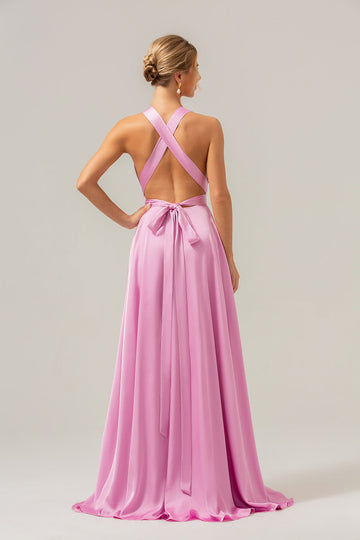 Vestido de dama de honor largo de satén sin espalda con escote en V rosa A Line con abertura